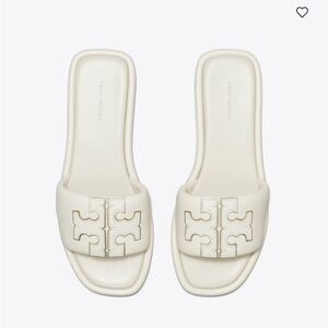 NIB TORY BURCH DOUBLE T SPORT LOGO SLIDE SHOE light cream gold 7.5